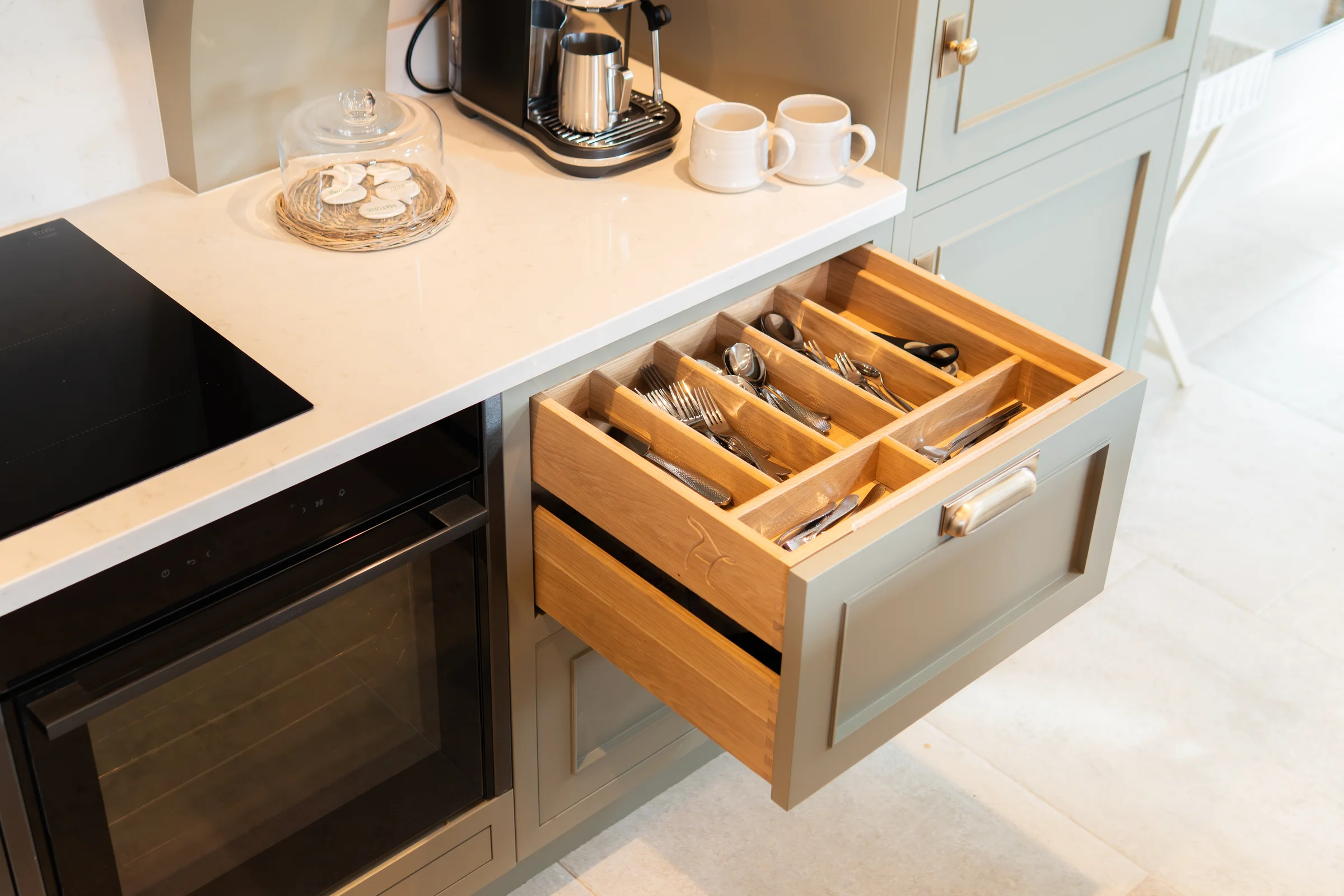 Grey shaker drawer open oak cutlery insert divider silverware brass handle coffee machine