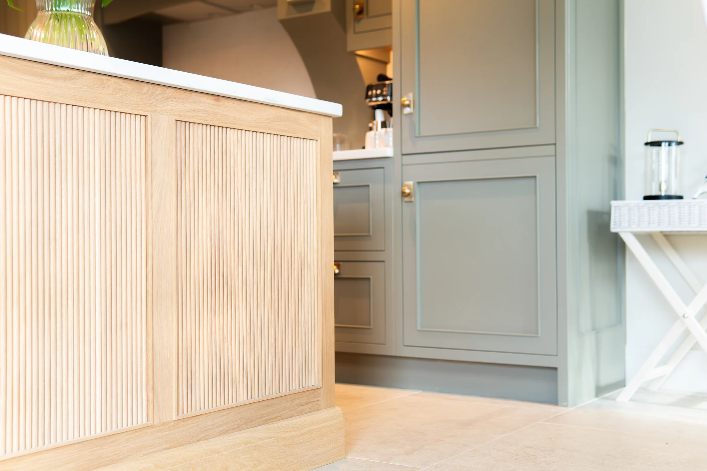 Oak reeded island end panel alt angle white quartz grey units stone floor