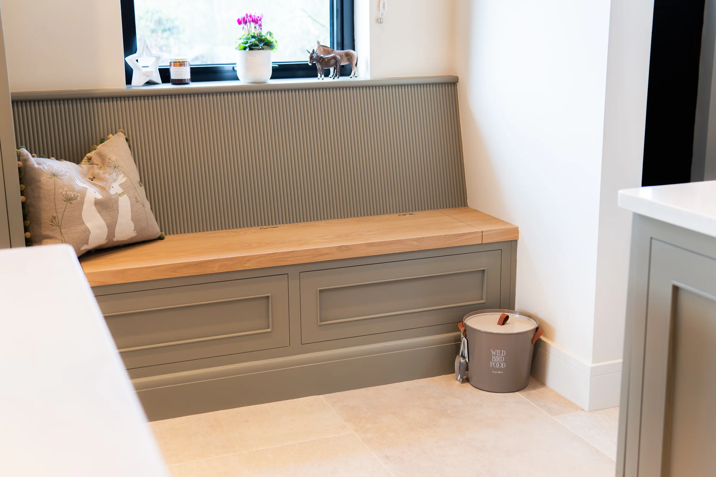 Window bench grey storage panelled front oak seat reeded slat back cyclamen compost