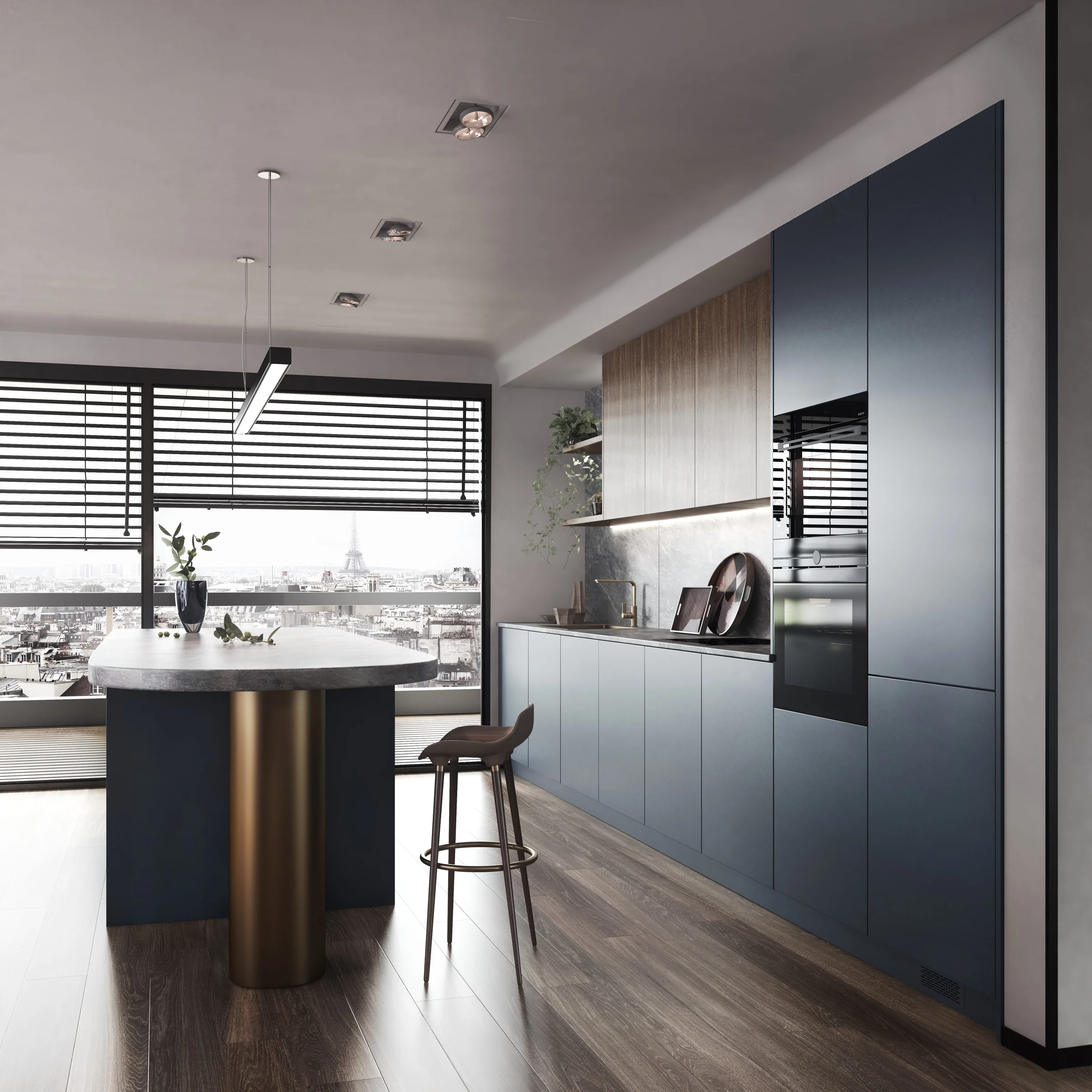 Navy blue handleless kitchen island seating built in ovens window