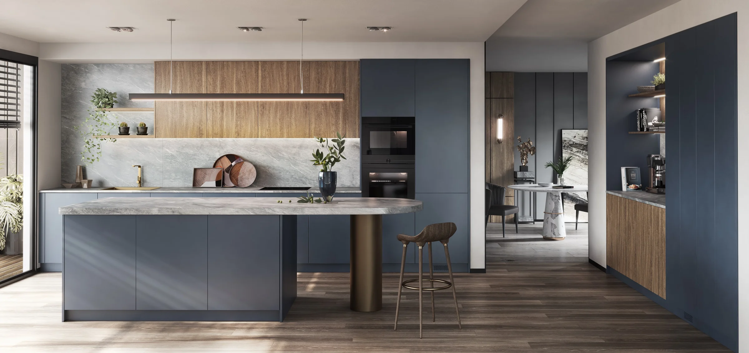 Navy blue handleless kitchen marble island brass column pendant lights