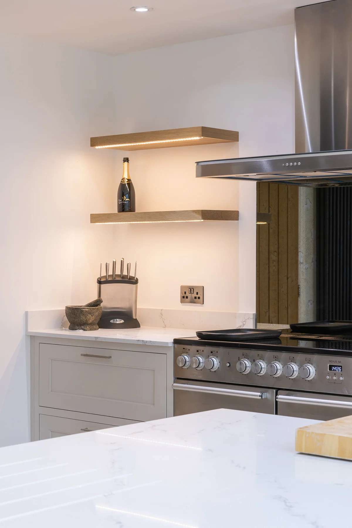 Oak floating shelves led range cooker mirrored splashback grey shaker