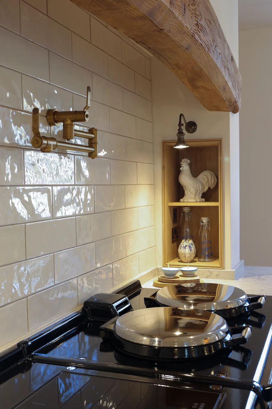 Aga hotplate brass pot filler subway tiles oak niche ceramic rooster