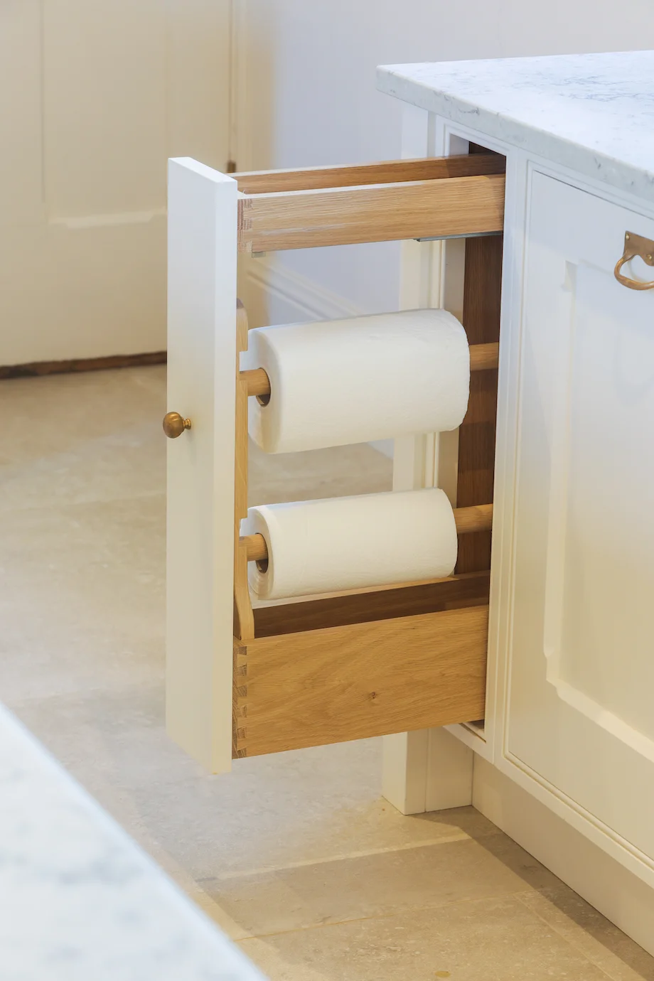 Pull out kitchen roll holder narrow cream cabinet oak rack