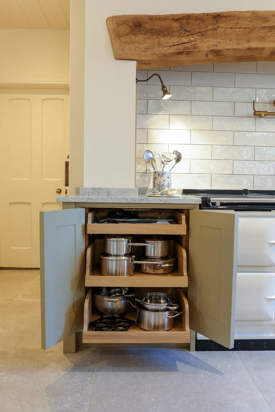Pull out oak pan storage three tiers pots pans next to aga