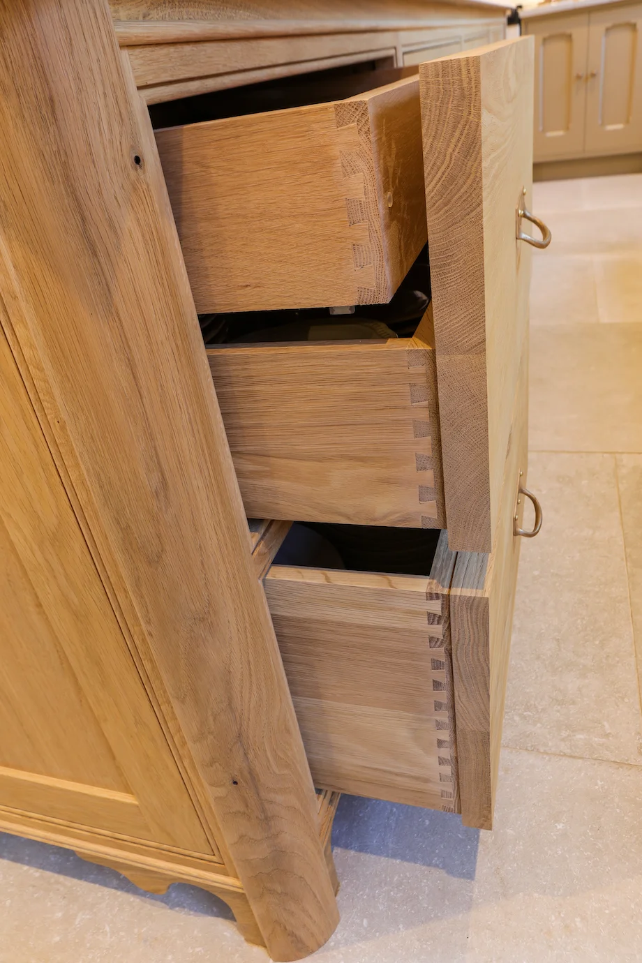Solid oak dovetailed drawer box construction closeup multiple drawers