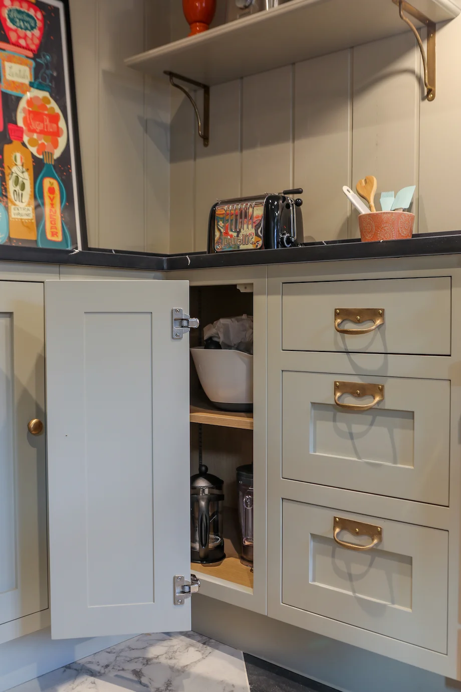 Corner cupboard open oak shelves storage brass knob drawers food art print