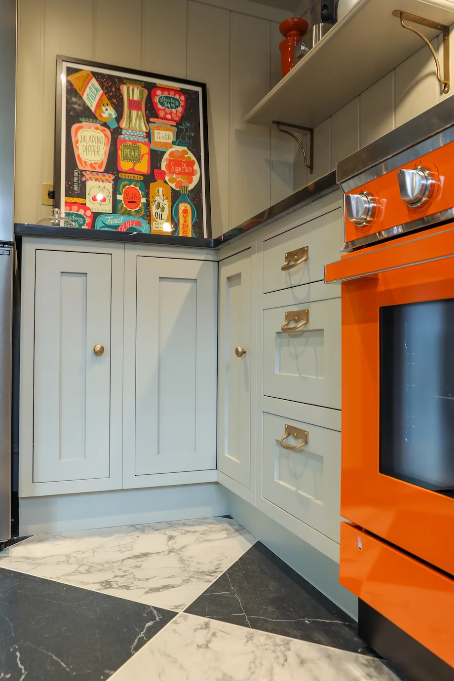 Corner cupboard orange smeg colourful food art print marble chequerboard floor