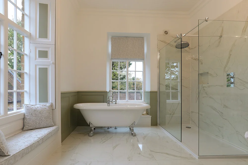 Roll top bath sage panelling marble shower window seat sash windows