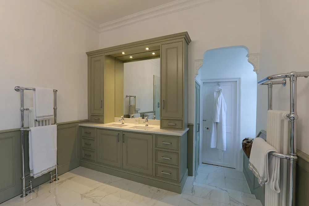 Sage green vanity unit large mirror double basin chrome taps archway