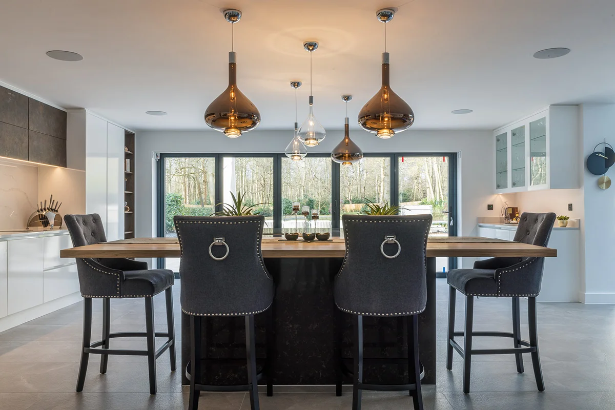 Island dining dark grey bar stools oak bar copper pendants bifold woodland