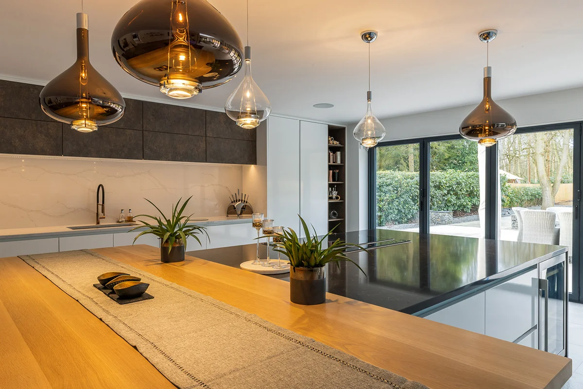 Island oak bar black granite copper pendants oxide wall units marble splashback garden