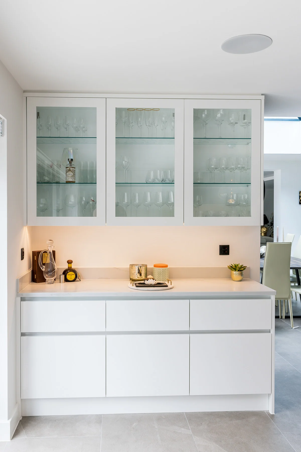 White handleless dresser glass fronted wall cabinets glassware spirits