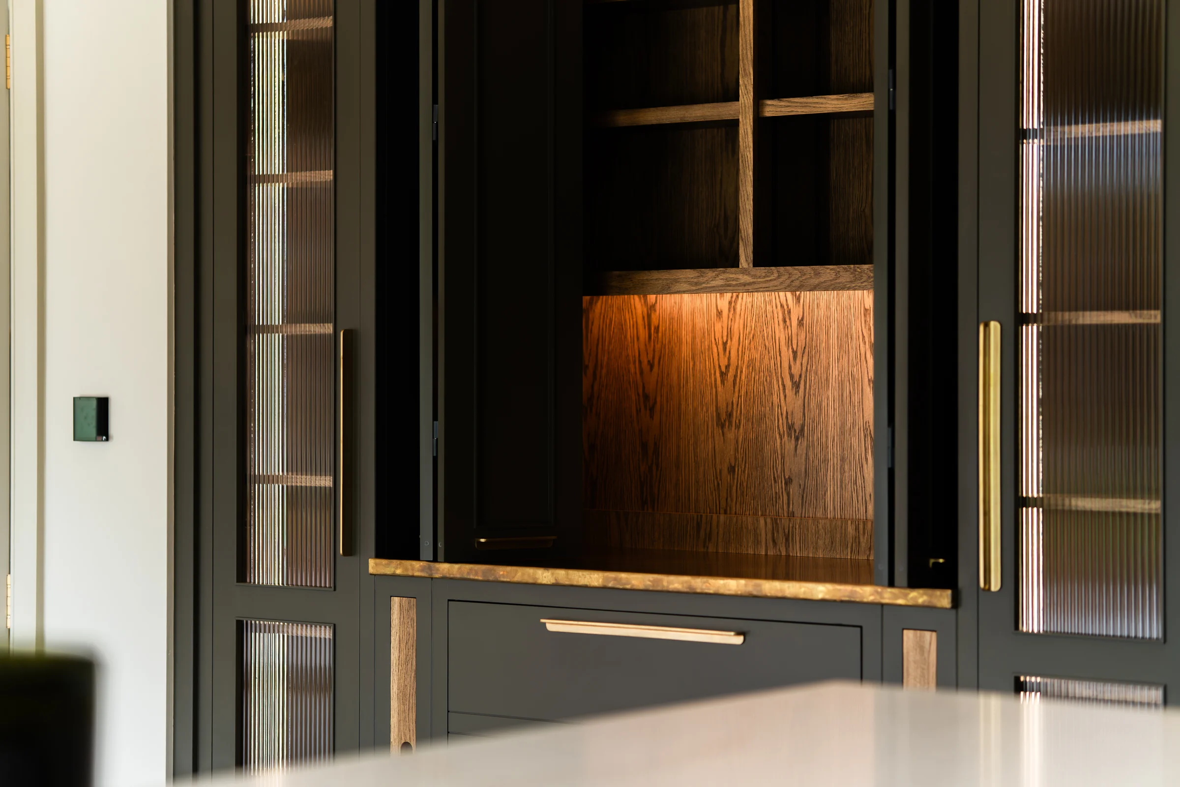 Dark charcoal dresser reeded glass doors oak interior alternate angle