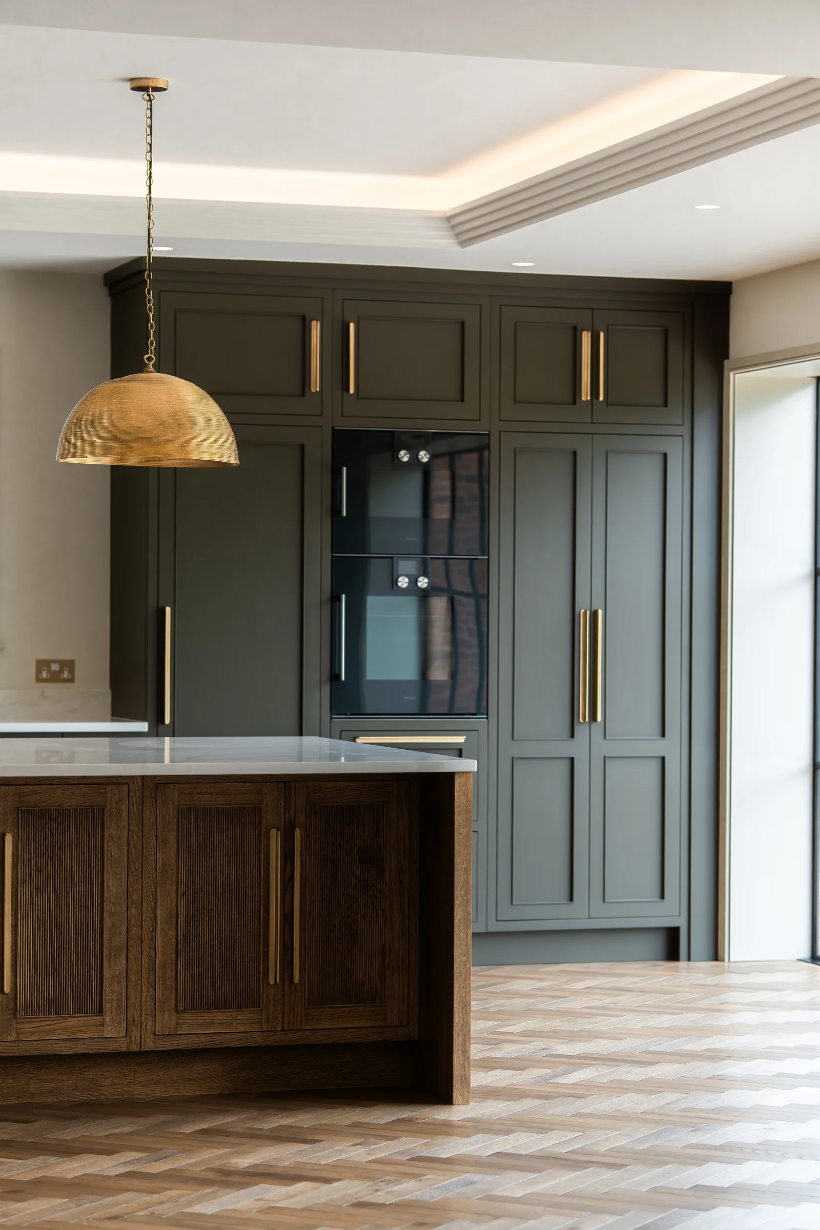 Dark charcoal tall units built in oven dome pendant coffered ceiling alternate