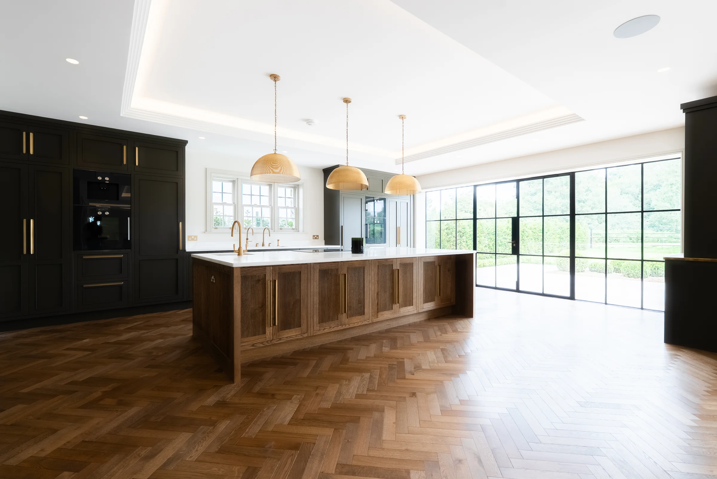 From right charcoal units black ovens oak island pendants crittall glazing garden