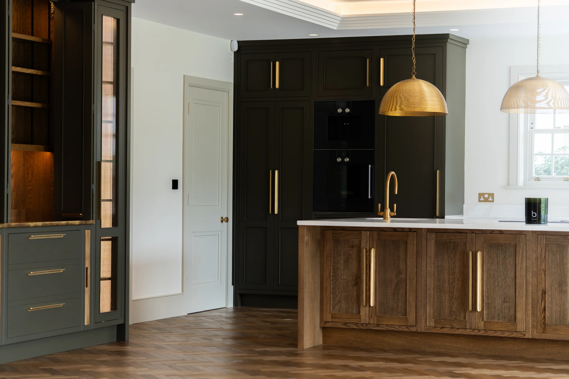 Kitchen dark charcoal tall units black ovens dresser reeded glass oak island dome pendant