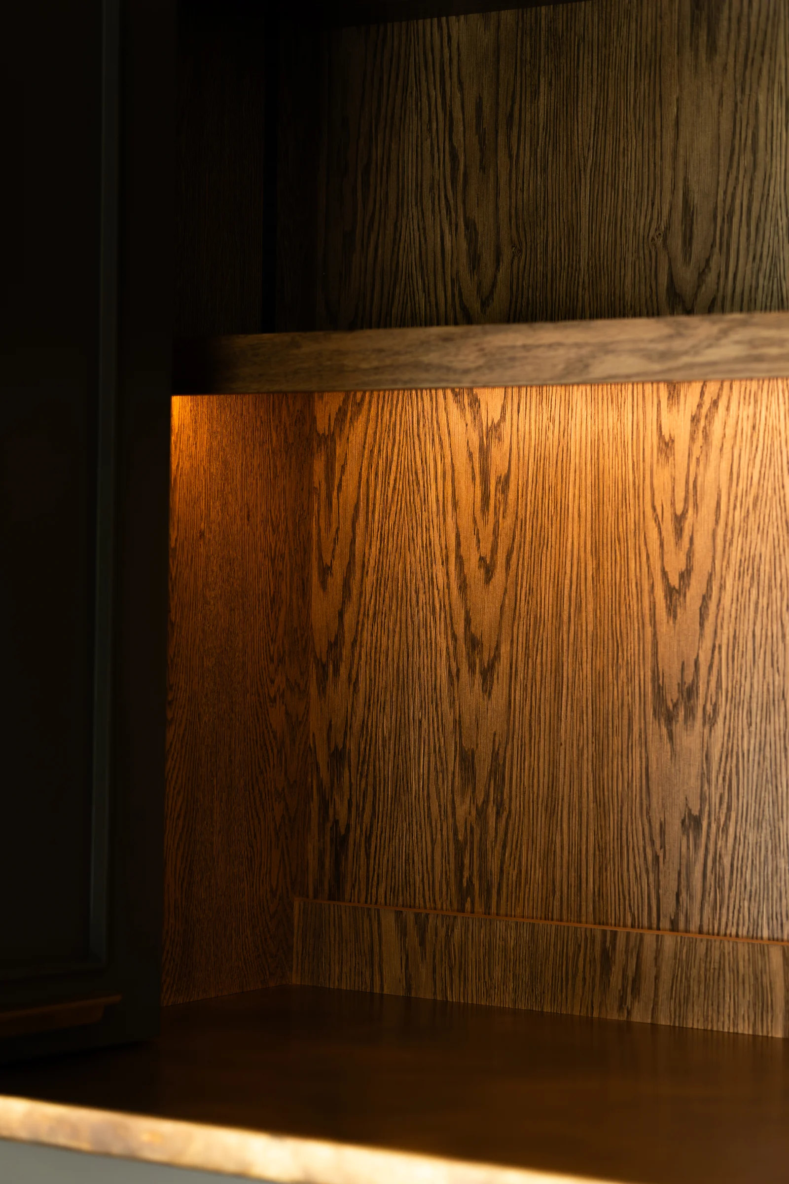 Oak interior shelving inside dark cabinet warm led lighting grain detail