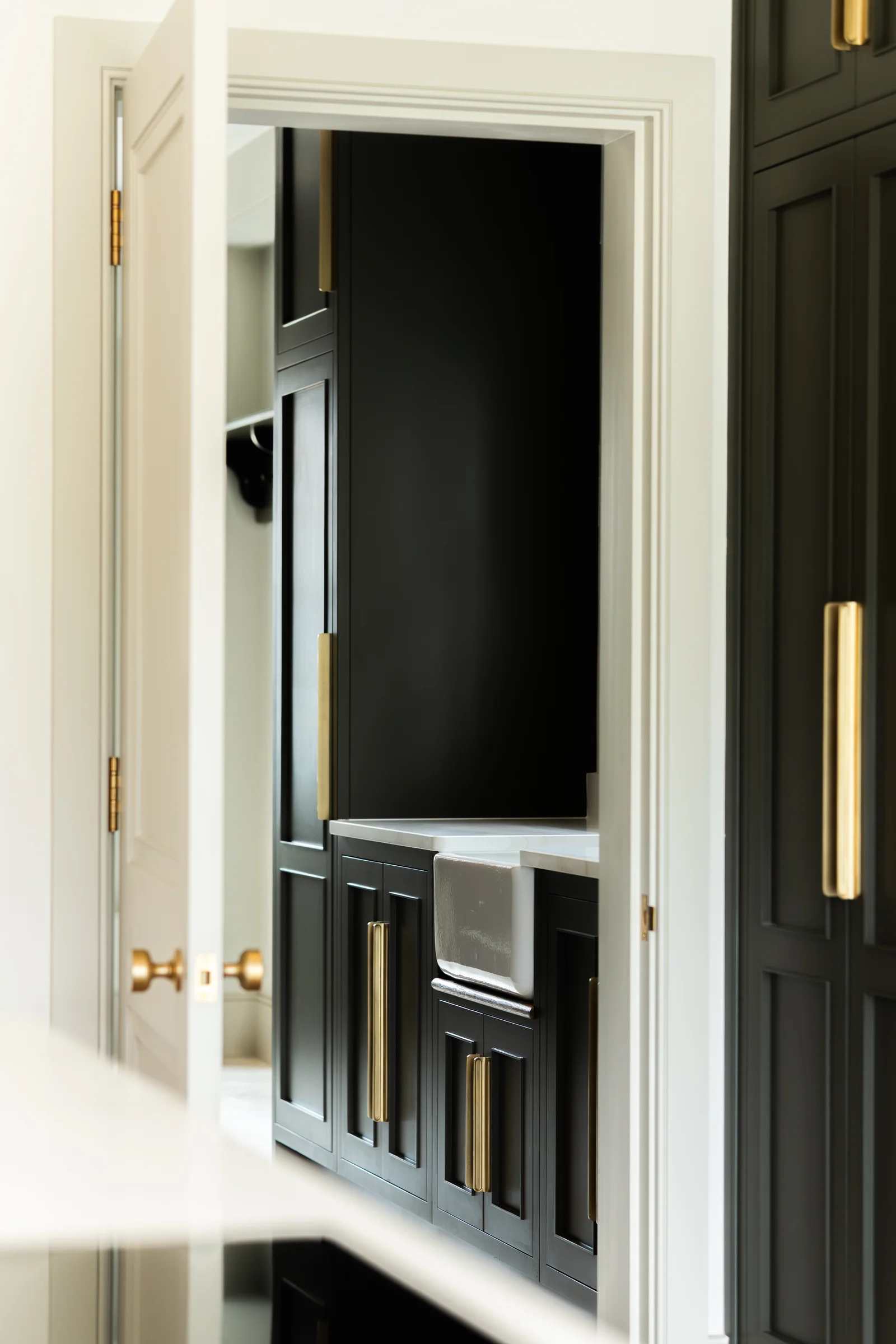Through doorway utility scullery dark charcoal shaker belfast sink brass handles wine rack