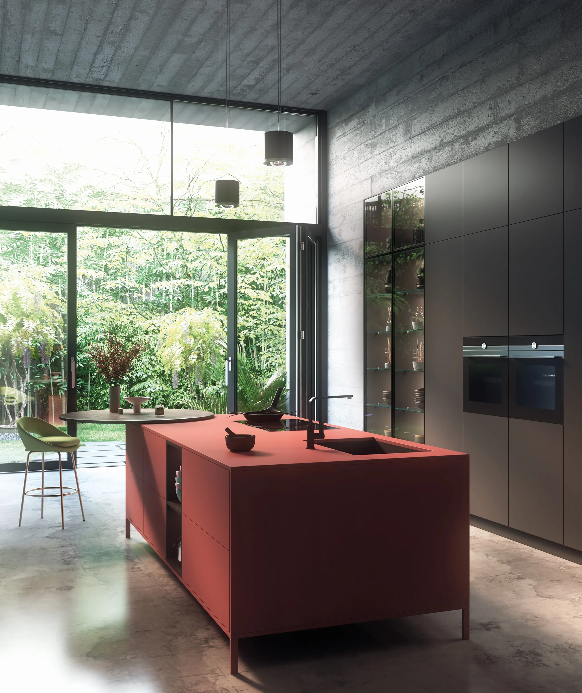Terracotta island floor to ceiling windows garden view dark tall units