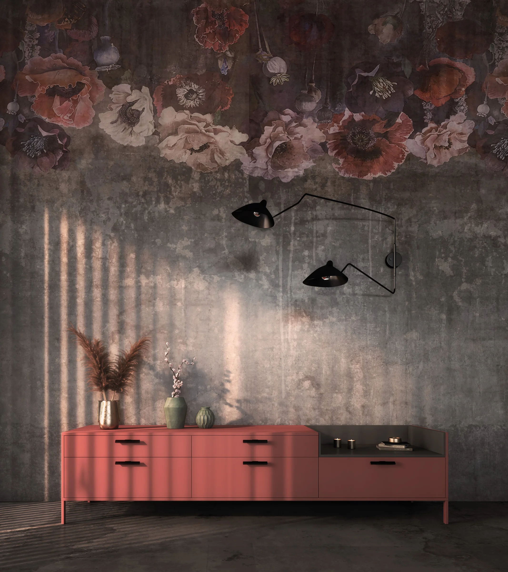 Terracotta sideboard concrete wall floral ceiling mural black wall lamp