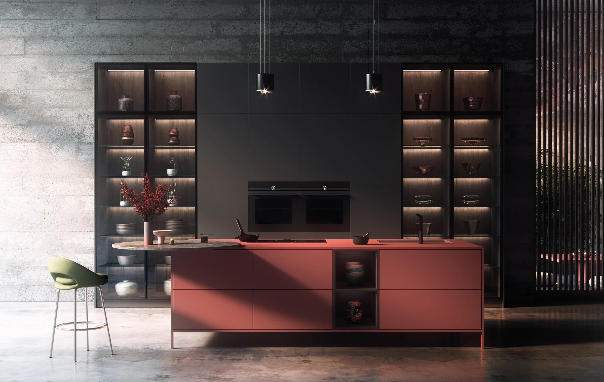 Terracotta island dark lignite tall units illuminated glass display cabinets concrete