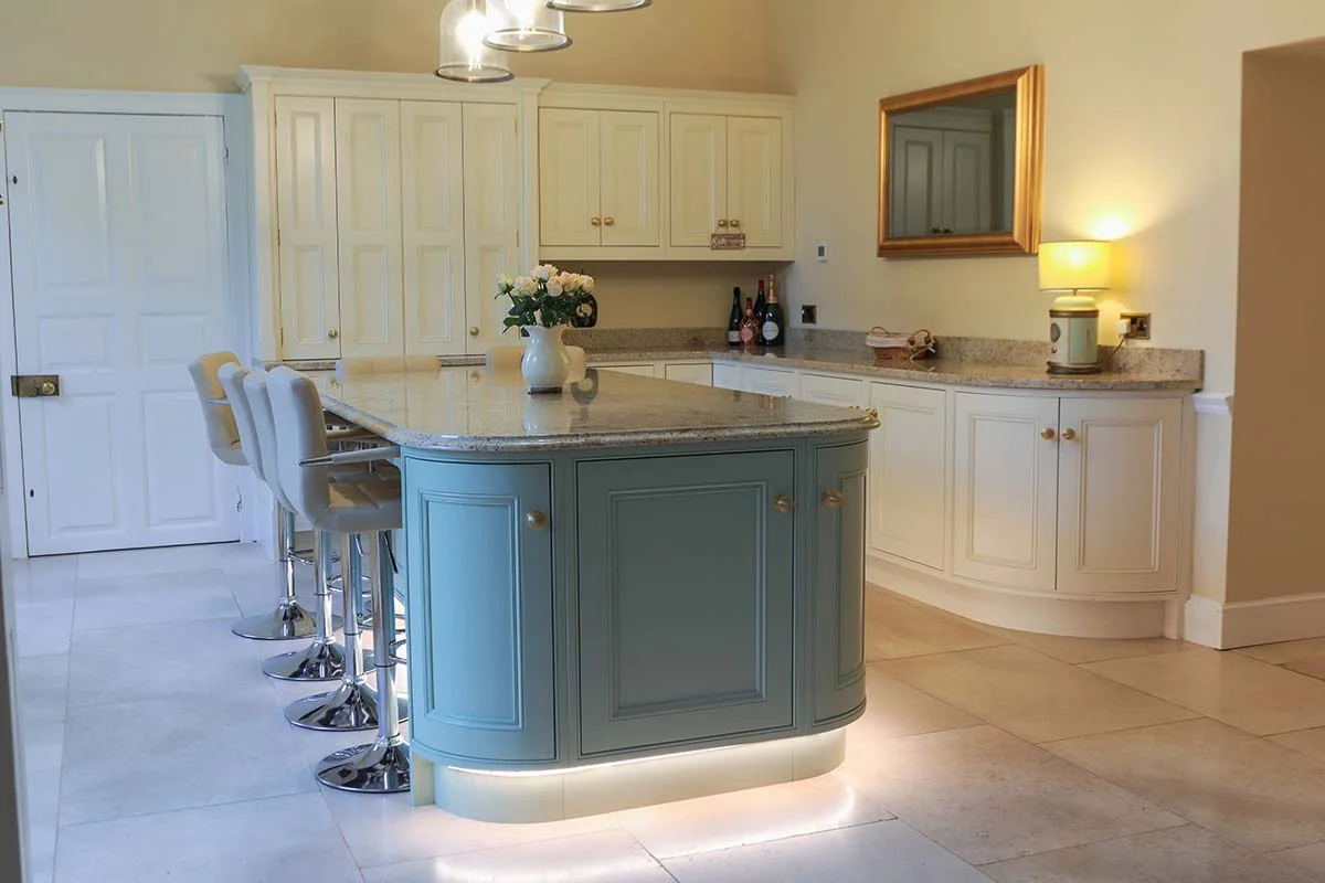 Curved blue island chrome bar stools led plinth cream tall units roses