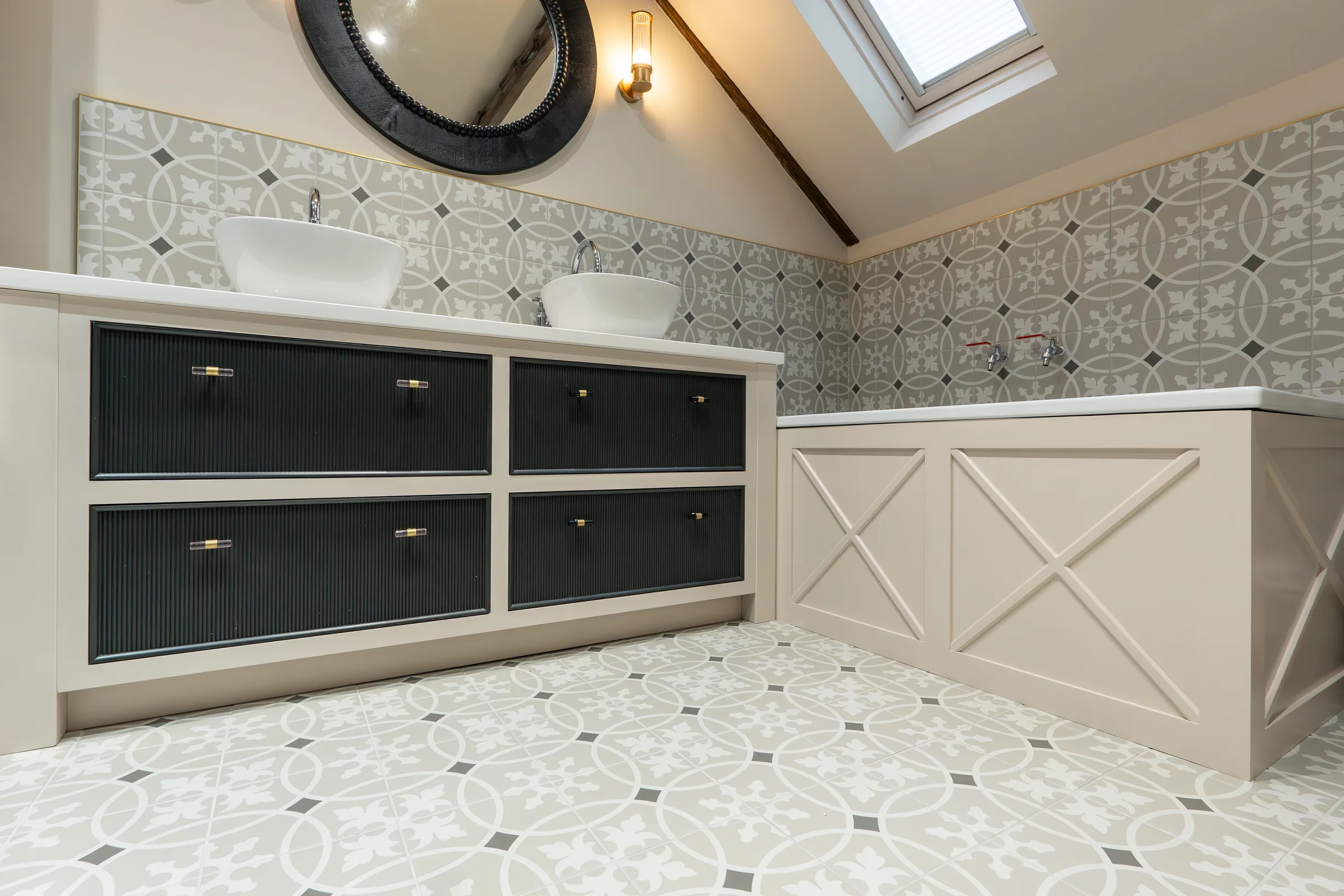Bathroom double vanity navy reeded drawers white frame vessel basins x pattern bath panel tiles