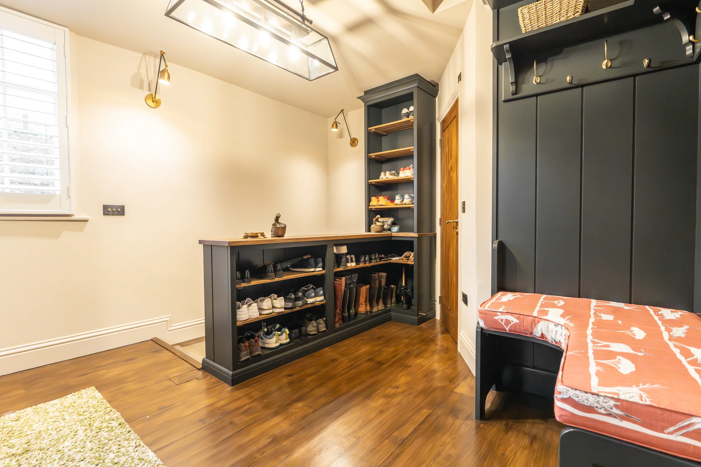 Boot room charcoal shoe storage oak shelves tall bookcase boots lantern pendant brass