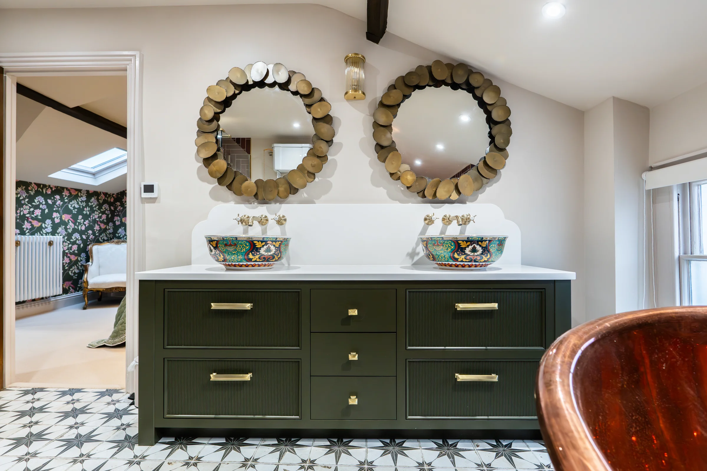 Double vanity olive green ceramic basins pebble mirrors brass taps copper bath star tiles