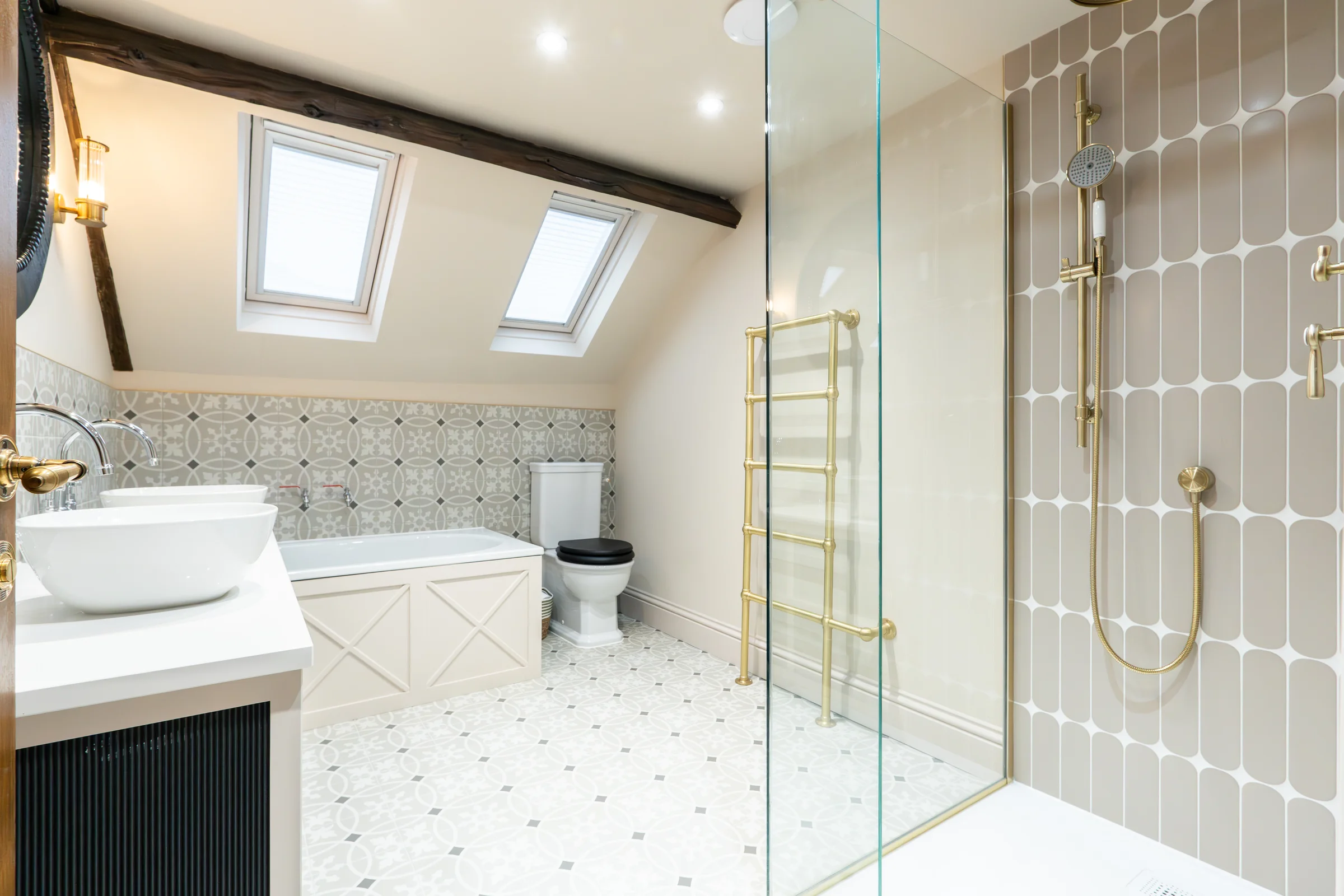 Ensuite white vanity x pattern vessel basin scallop shower tiles brass fittings skylights