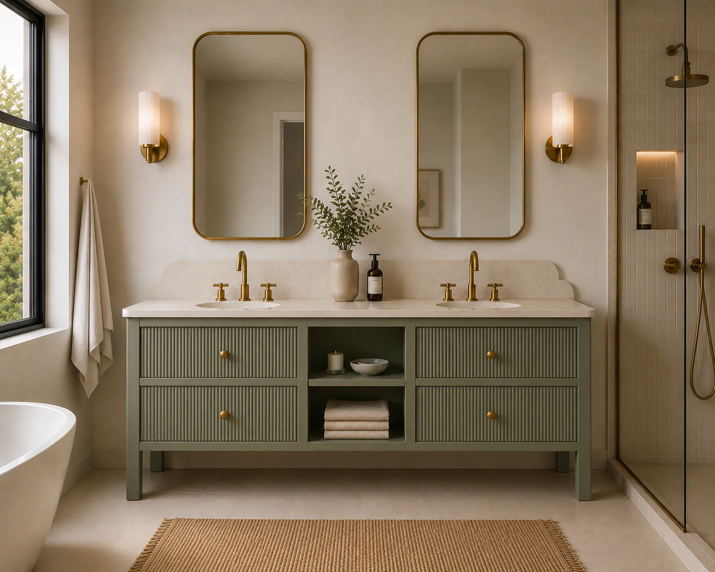 Boughton double open shelf sage green painted vanity reeded drawers open centre shelving double basin