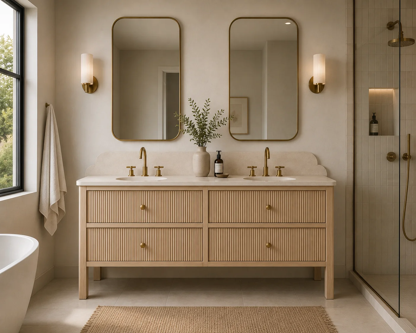 Boughton double reeded natural oak vanity double basin reeded drawers quartz worktop