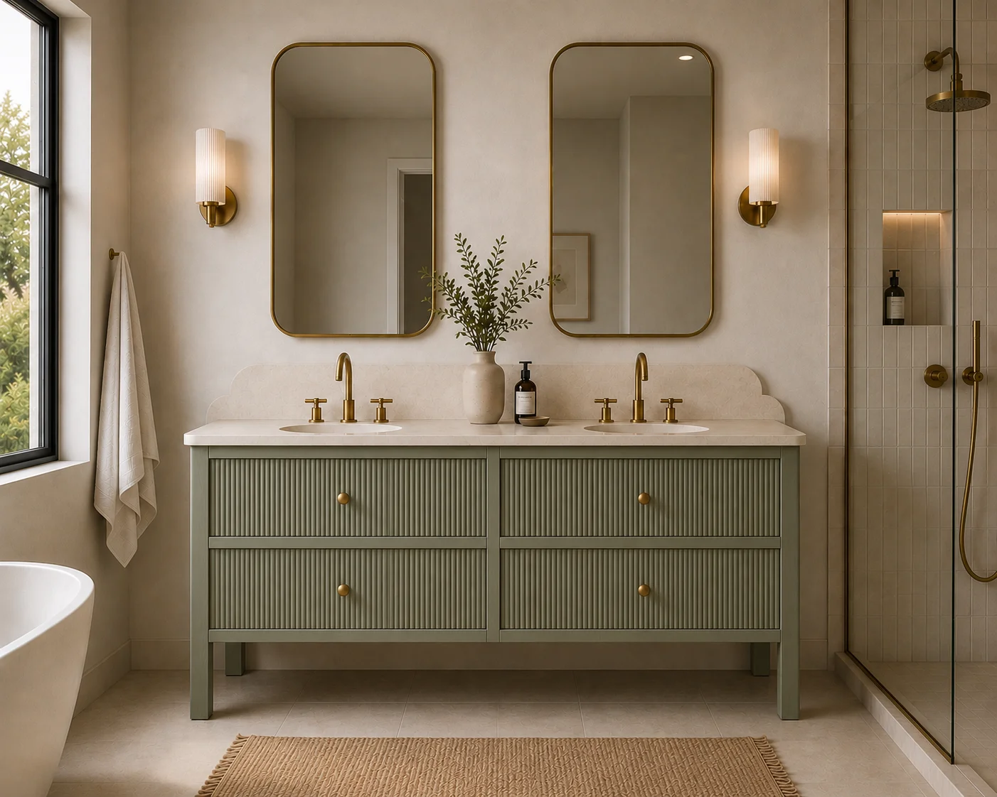 Boughton double reeded sage green painted vanity two drawers vertical reeded fronts double basin