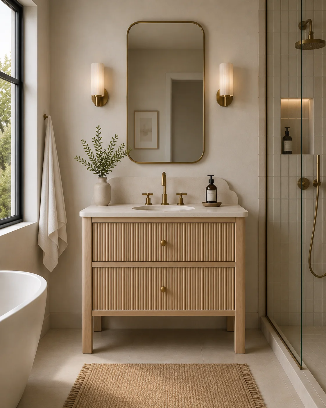 Boughton single reeded natural oak vanity 800mm vertical reeded drawer quartz worktop
