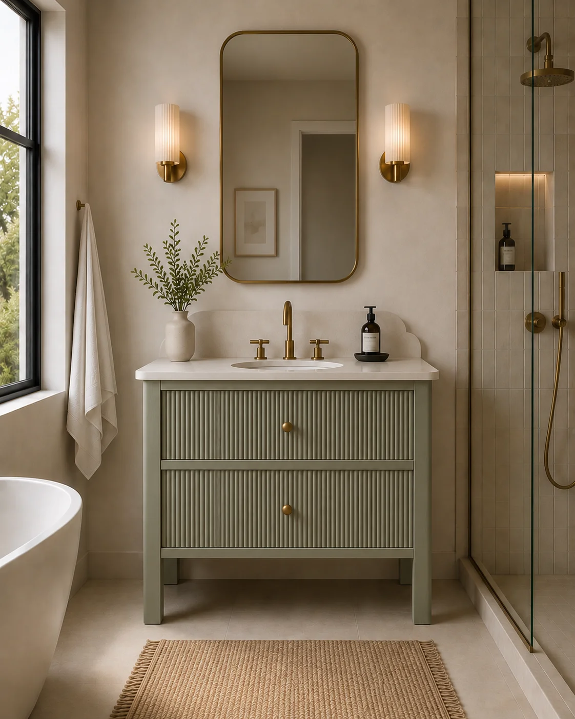 Boughton single reeded sage green painted vanity vertical reeded drawers brass knobs quartz worktop