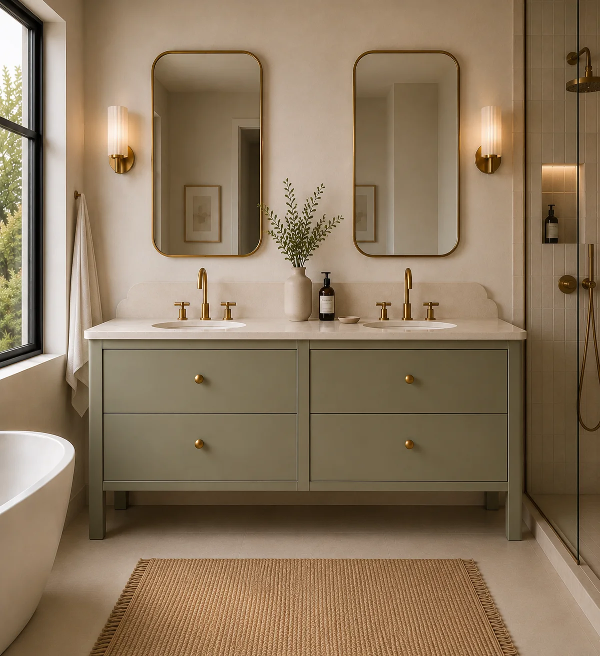 Brington double slab sage green painted 1600mm vanity four drawers double basin quartz worktop