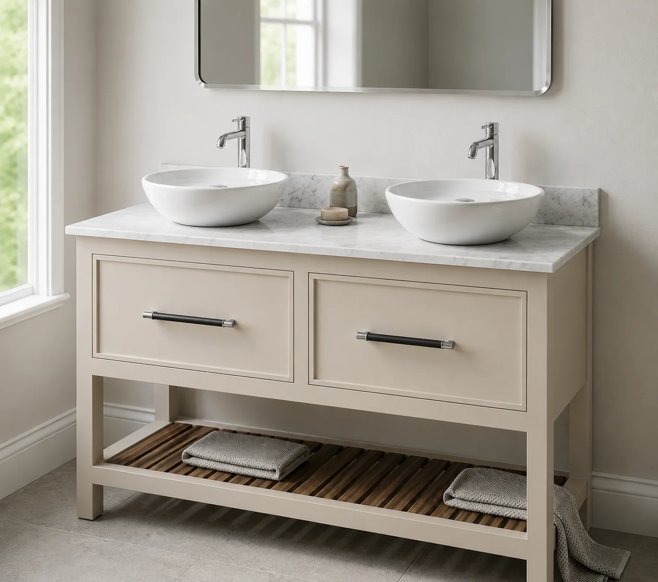Shaker double slimline cream painted vanity two framed shaker drawers open slatted shelf double vessel basins